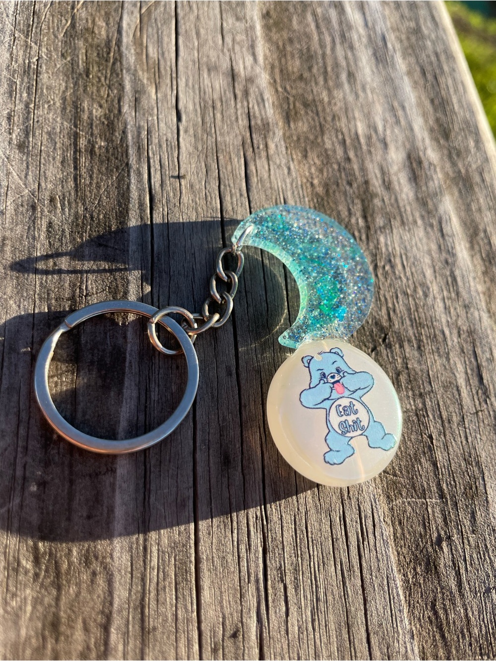 Blue Glitter Moon & Bear Pet ID Keychain - Unbranded